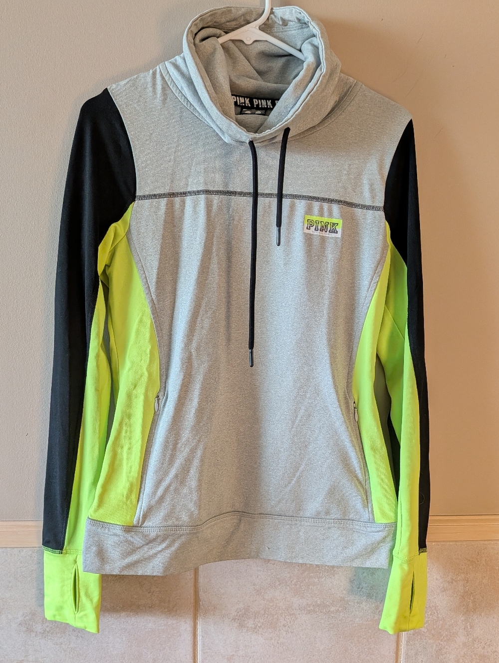 VS PINK Ultimate, Cowl Neck Cold Weather Pullover, Black/Neon, Size M